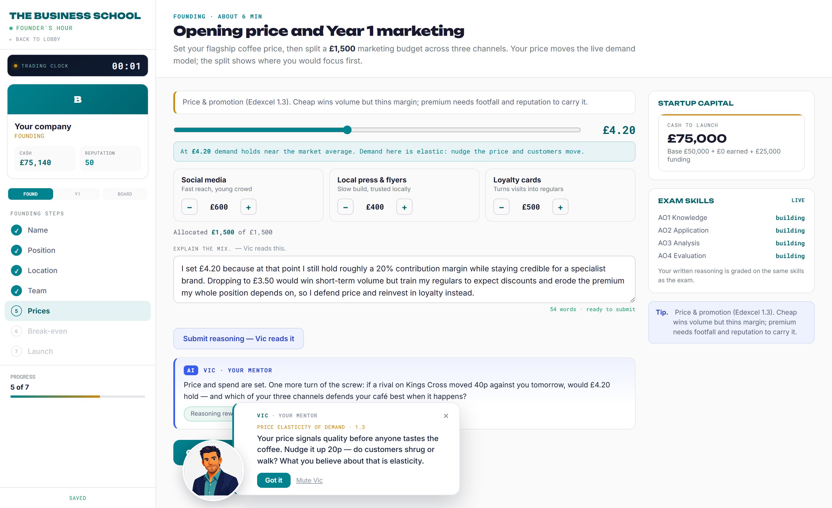 A pricing decision with the student's written reasoning and Vic's coaching reply