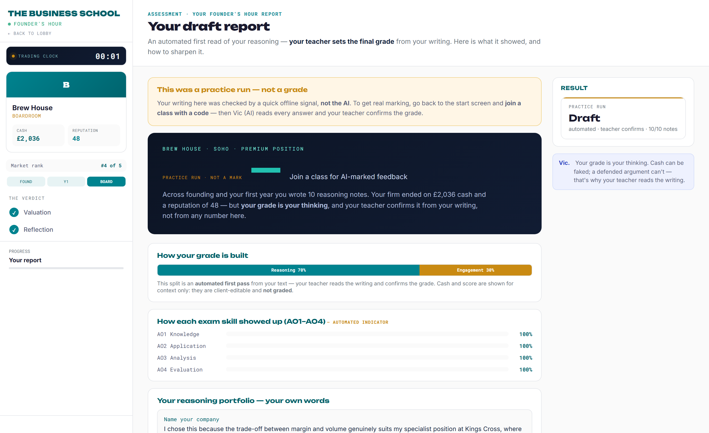 The draft report mapping exam skills, stating the teacher confirms the grade